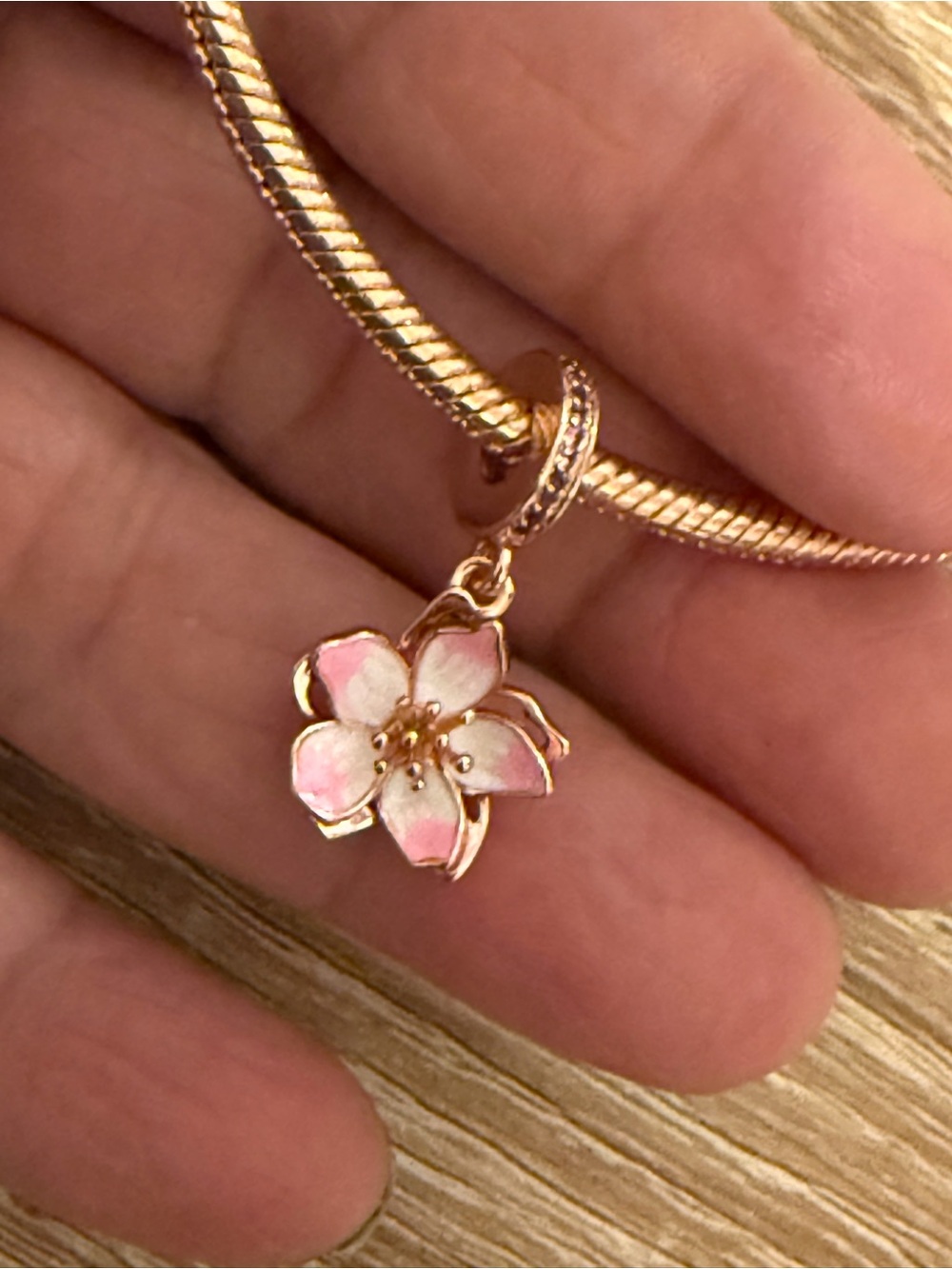 Rose Gold-Plated Pink Enamel Flower Charm Pendant Necklace